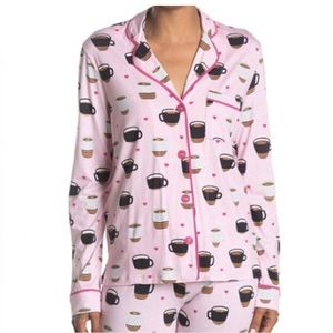 Coffee Mugs & Hearts Print Cozy Zoe Flannel Pajama Top Novelty Print, Soft, EUC
